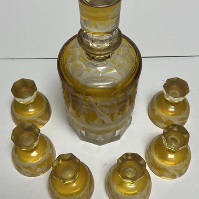Antique Heavy Moser/Bohemian Style Art Glass Amber & Clear-Cut Decanter Set 10" Tall & 3" Glasses in VG Preowned...