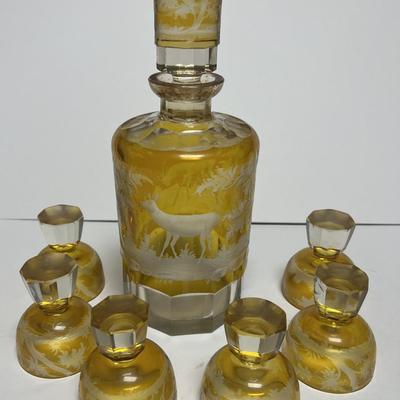 Antique Heavy Moser/Bohemian Style Art Glass Amber & Clear-Cut Decanter Set 10" Tall & 3" Glasses in VG Preowned...