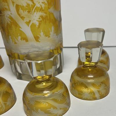 Antique Heavy Moser/Bohemian Style Art Glass Amber & Clear-Cut Decanter Set 10" Tall & 3" Glasses in VG Preowned...