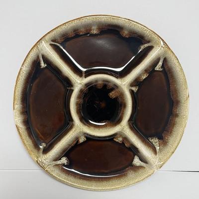 Vintage USA Brown Color Pottery Sectional Serving Dish 11" Diameter Good Preowned Condition.