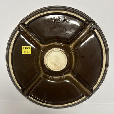 Vintage USA Brown Color Pottery Sectional Serving Dish 11" Diameter Good Preowned Condition.