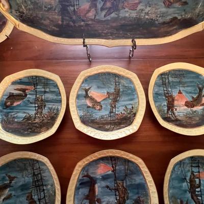 Antique Limoges Hand Painted Fish Platter w/Diver 24-1/2" Long & 12 Plates 9" in Diameter in Great Condition.