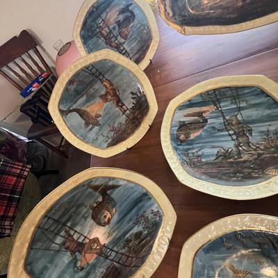 Antique Limoges Hand Painted Fish Platter w/Diver 24-1/2" Long & 12 Plates 9" in Diameter in Great Condition.