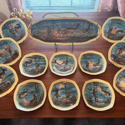 Antique Limoges Hand Painted Fish Platter w/Diver 24-1/2" Long & 12 Plates 9" in Diameter in Great Condition.