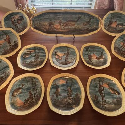 Antique Limoges Hand Painted Fish Platter w/Diver 24-1/2" Long & 12 Plates 9" in Diameter in Great Condition.