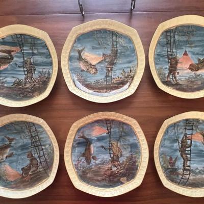 Antique Limoges Hand Painted Fish Platter w/Diver 24-1/2" Long & 12 Plates 9" in Diameter in Great Condition.