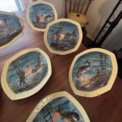 Antique Limoges Hand Painted Fish Platter w/Diver 24-1/2" Long & 12 Plates 9" in Diameter in Great Condition.