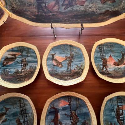Antique Limoges Hand Painted Fish Platter w/Diver 24-1/2" Long & 12 Plates 9" in Diameter in Great Condition.
