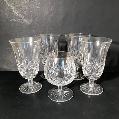 LOT 10K: Four Matching Waterford Crystal Stemmed Goblets & Waterford Gold Rim Crystal Brandy Snifter