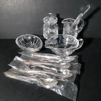 LOT 17K: Waterford Lismore Crystal Footed Creamer, Waterford Packaged Spoons & More