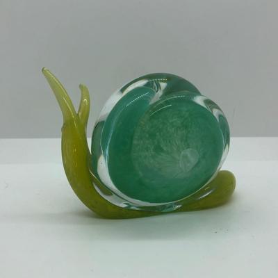 LOT 31D: Signed Sardina Crystal Green Snail, Hand Blown Art Glass Blue Snail & Bubble Glass Turtle Paperweight