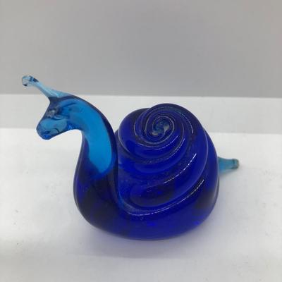 LOT 31D: Signed Sardina Crystal Green Snail, Hand Blown Art Glass Blue Snail & Bubble Glass Turtle Paperweight
