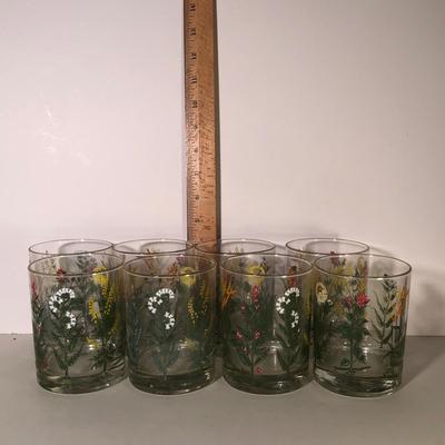 LOT 40G: Set of 8 Neimann Marcus Wildflower Glasses w/ Hand Painted Glass Footed Pitcher