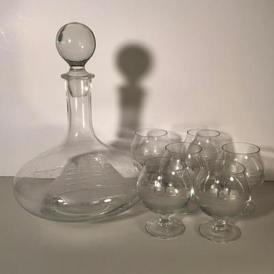 LOT 43G: Vintage Tuscany Etched Ship Decanter w/ 6 Matching Glasses & More
