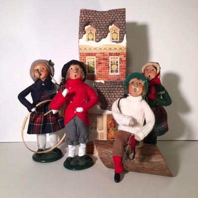 LOT 73G: Byer's Choice The Carolers w/ Box - Boy Skater on Log, 1991 Girl w/ Skates, 1990 Boy w/ Skates & 1989 Girl w/ Hoop