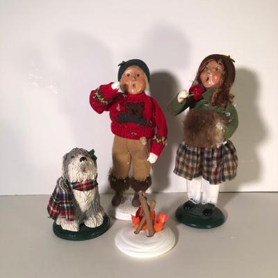 LOT 77G: Byer's Choice The Carolers w/ Box - 2001 Child w/ Marshmallow (#39/100) w/ Campfire, 1987 Old English Sheepdog & Girl w/ Candy...