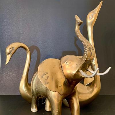 LOT 82 F: Vintage Brass Pair of Swans & Solid Brass Elephant