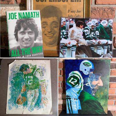 LOT 84 G: Joe Namath Collection: 1976 Painting by Gene Perret, 1970 LeRoy Neiman Print, Official Numbered NFL Photo & More