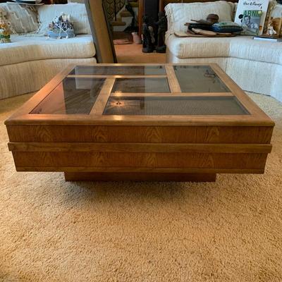 LOT 89 L: Vintage 1970's Square Coffee Table W/Glass over Cane Top