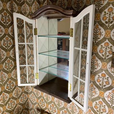 LOT 109 L: Vintage French Country Arch Top Mirrored Hand Painted Wall Curio Display Cabinet