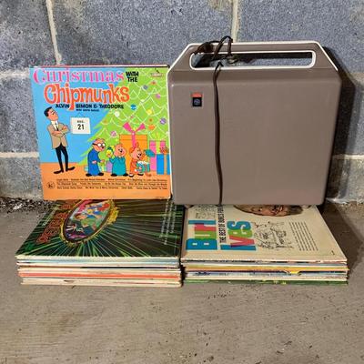 LOT 111 B: Vintage General Electric Transistor Record Player W/ Christmas & Kids Records including Disney