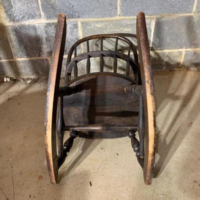 LOT 112 B: Vintage Frank Wisig Chest, Matilda Round Back Spindle Children's Rocking Chair, & Cricket Style Ladder Back Children's Rocking...