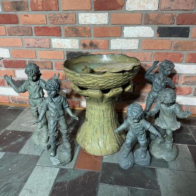 LOT 133P: Ceramic Leaf & Bird Fountain w/ Garden Statues