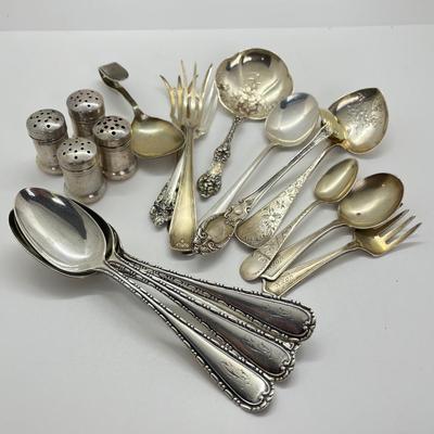 LOT 168G: Sterling Silver Pieces - Silverware and Salt and Pepper Shakers - 325 grams total