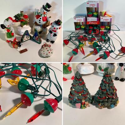 LOT 199 B: Vintage Bubble Christmas Lights W/ Replacements, Enesco Ceramic Snowmen & Plastic Goose Ornament, & More