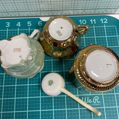Antique gold trim cups and small ladle