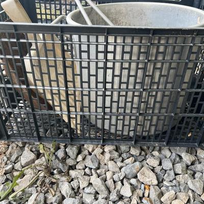 Plastic crate with metal bowls etc