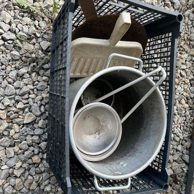 Plastic crate with metal bowls etc