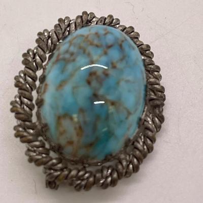 Brooch or Pin Blue Green Stone with silver tone border