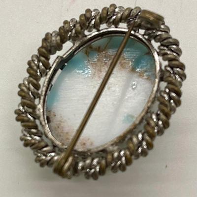 Brooch or Pin Blue Green Stone with silver tone border