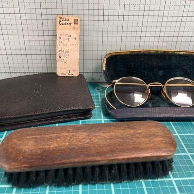 Vintage eye glasses, wallet and shoe brush