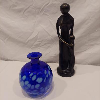 Signed Cobalt Blue Blown Glass Vase & Mother W/ Child Statue (LR-BBL)