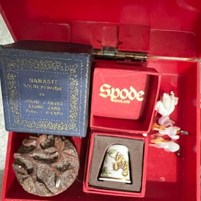 Carved perfume box, Spode Thimble, glass miniatures
