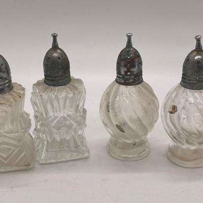 4 Antique salt & pepper shakers with silver tops
