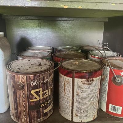 Cubby of paint/stain and supplies #1