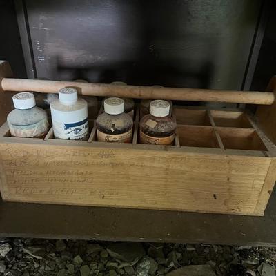 Wood Painters / Carpenters Box with Various Bottles