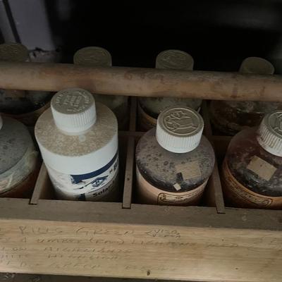 Wood Painters / Carpenters Box with Various Bottles