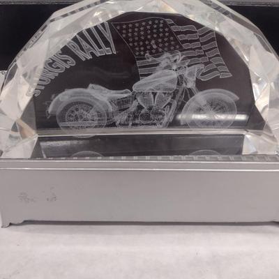 Glass Sturgis Rally Motorcycle and American Flag Design Paperweight with Lighted Display Platform (#45)