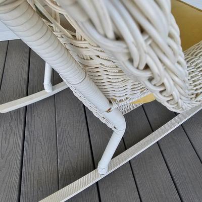 Two White Faux Wicker Rockers + Small Wicker Table (OP-JS)