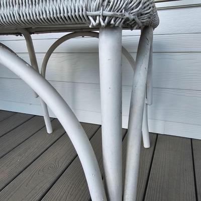 Two White Faux Wicker Rockers + Small Wicker Table (OP-JS)