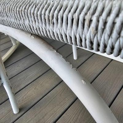 Two White Faux Wicker Rockers + Small Wicker Table (OP-JS)