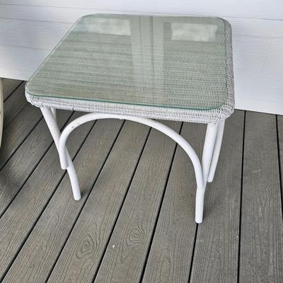 Two White Faux Wicker Rockers + Small Wicker Table (OP-JS)