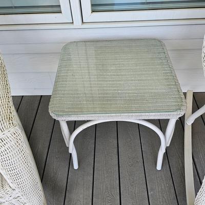 Two White Faux Wicker Rockers + Small Wicker Table (OP-JS)