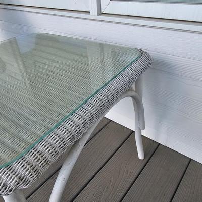 Two White Faux Wicker Rockers + Small Wicker Table (OP-JS)