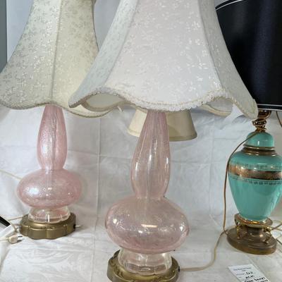 MCM pink Murano Glass Lamps, Turquoise ceramic brass table lamps