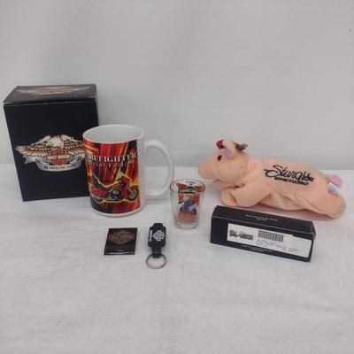 Collection of Harley Davidson Collectibles- Mug, Beanie Pig, Pewter Train, Shot Glass (#58)
